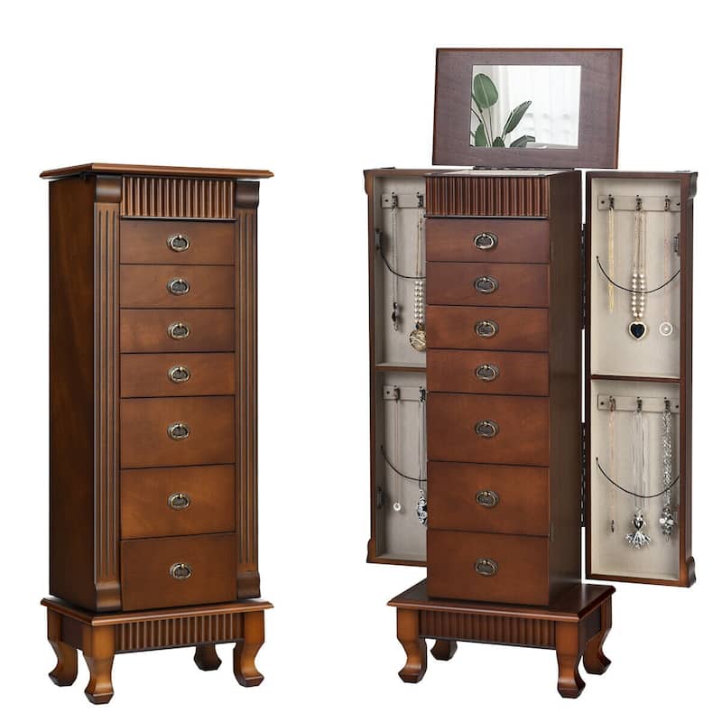 Costway Jewelry Cabinet Armoire Box Storage Chest Stand Organizer Wood - See Details - Brown