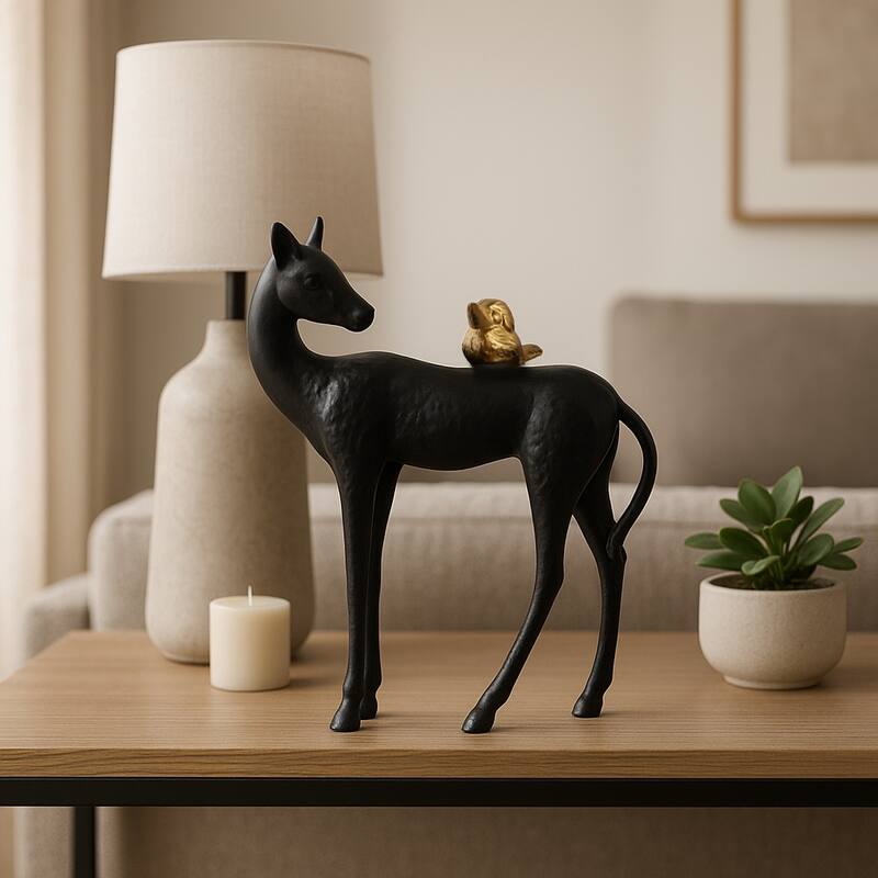 Metal Figurine Decor Modern Deer with Bird Accent Finish - Black - 11.0"