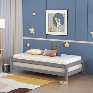 Twin Size Two Solid Platform Stackable Single beds with Wood Slats,Space saving