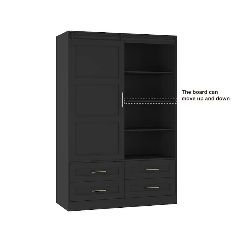 Bedroom Tall Armoire Wardrobe Closet, Sliding Barn Door Clothing Storage Cabinet with Hanging Rod, Drawers & Open Shelves, Black