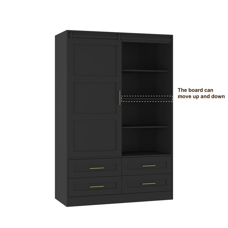 Sliding Barn Doors Armoire Wardrobe Bedroom Storage Cabinet with Hanging Rod, Open Shelves & Drawers, Black