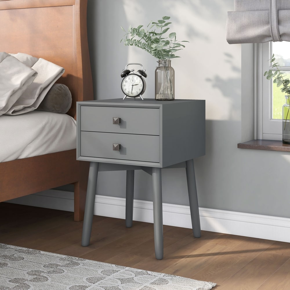 DH BASIC Mid-Century Modern Wood 2-Drawer Compact Nightstand Side Table by Denhour