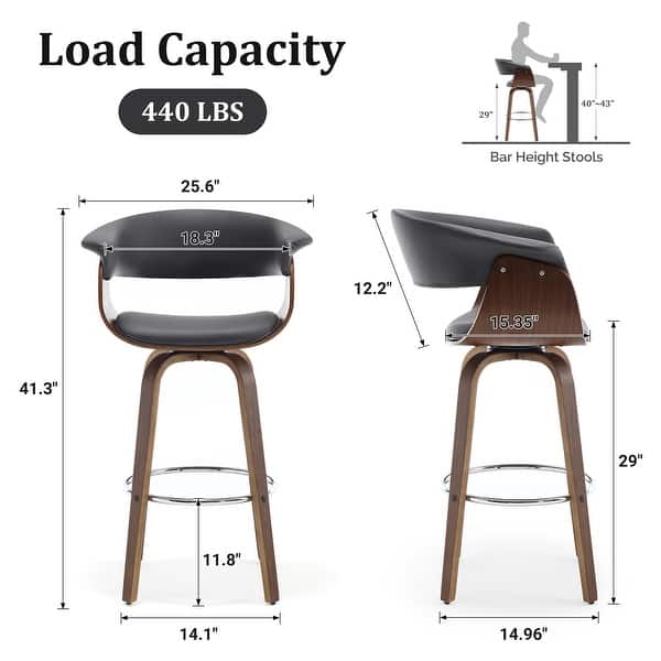 dimension image slide 4 of 14, 26"/29" Faux Leather Swivel Bar Stools, Wood Counter Stool