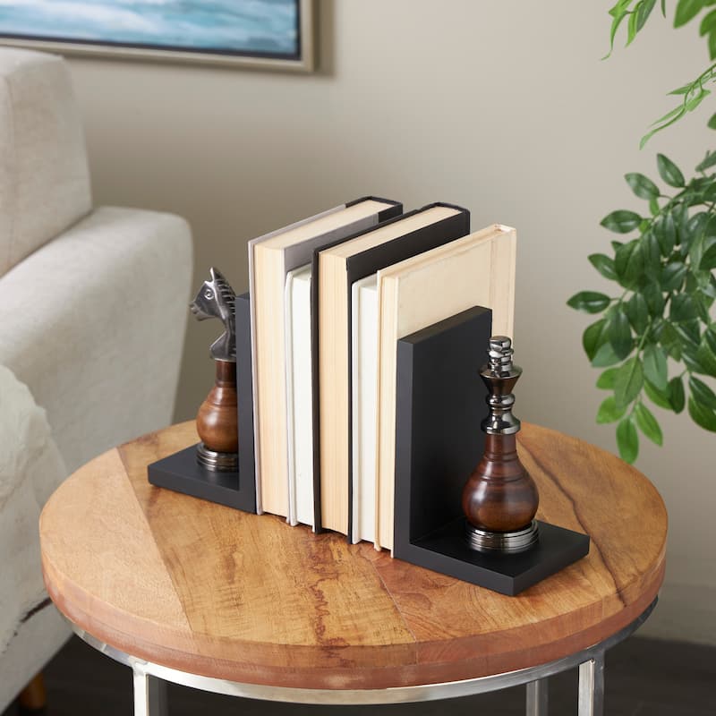 Black Aluminum Metal Chess Bookends with Aluminum Accents (Set of 2)