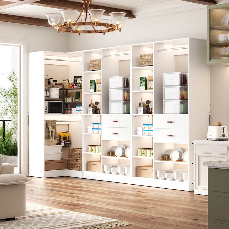 Set of 3 Corner Closet System with Tower Shelves, Closet Organizer with Drawers and Hanging Rods