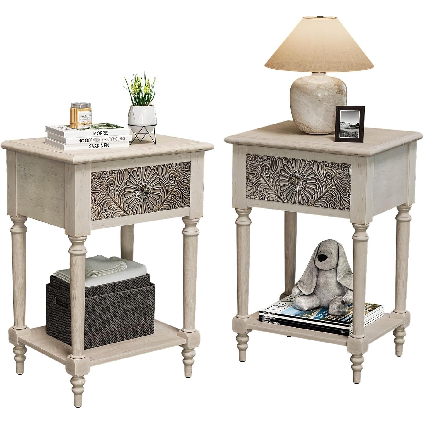 Vintage Nightstand Set of 2, Wood Bedside Table with Drawer and Open Shelf for Living Room, Bedroom