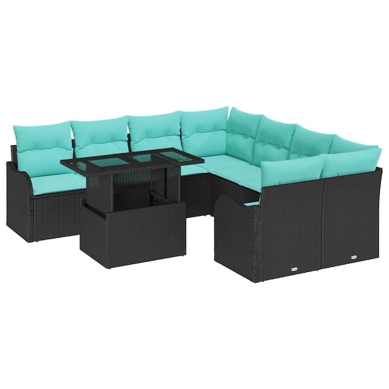 vidaXL 9 Garden Sofa Set with Cushions Black/Brown/Grey Poly Rattan - 91.5 x 92.1 x 27.2