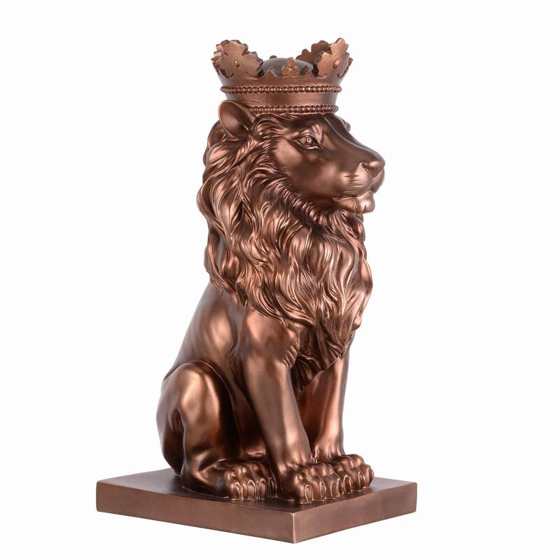 Sitting Crowned Lion Statue - 14.5" - Bronze