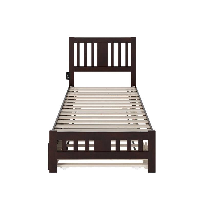 Vogue Twin XL Bed with Trundle & Footboard - Espresso Solid Wood Platform Bed with Charger