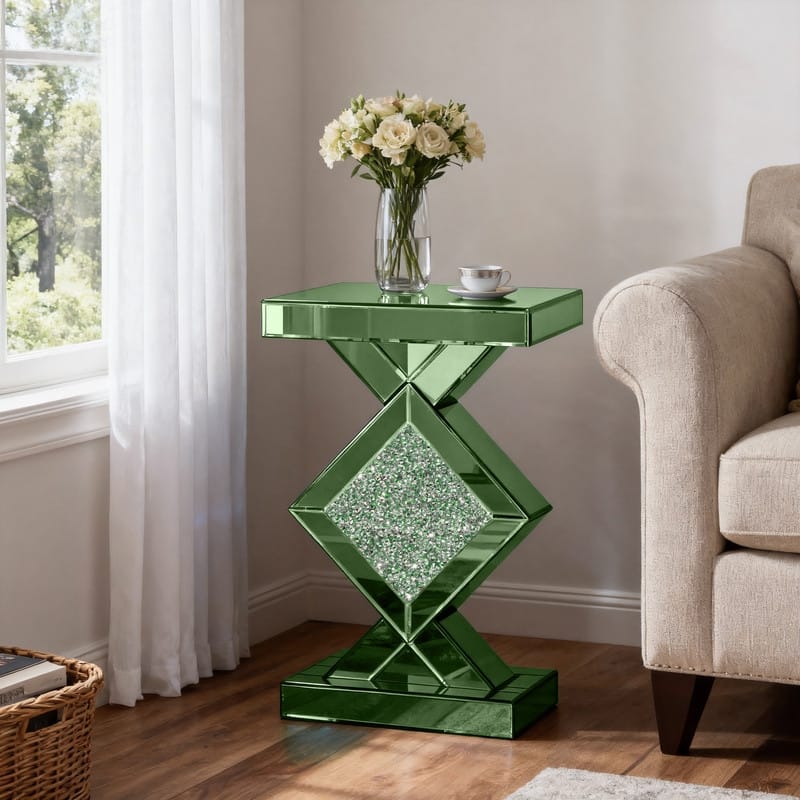 23" Tall Mirrored Glass End Table With Crushed Diamond