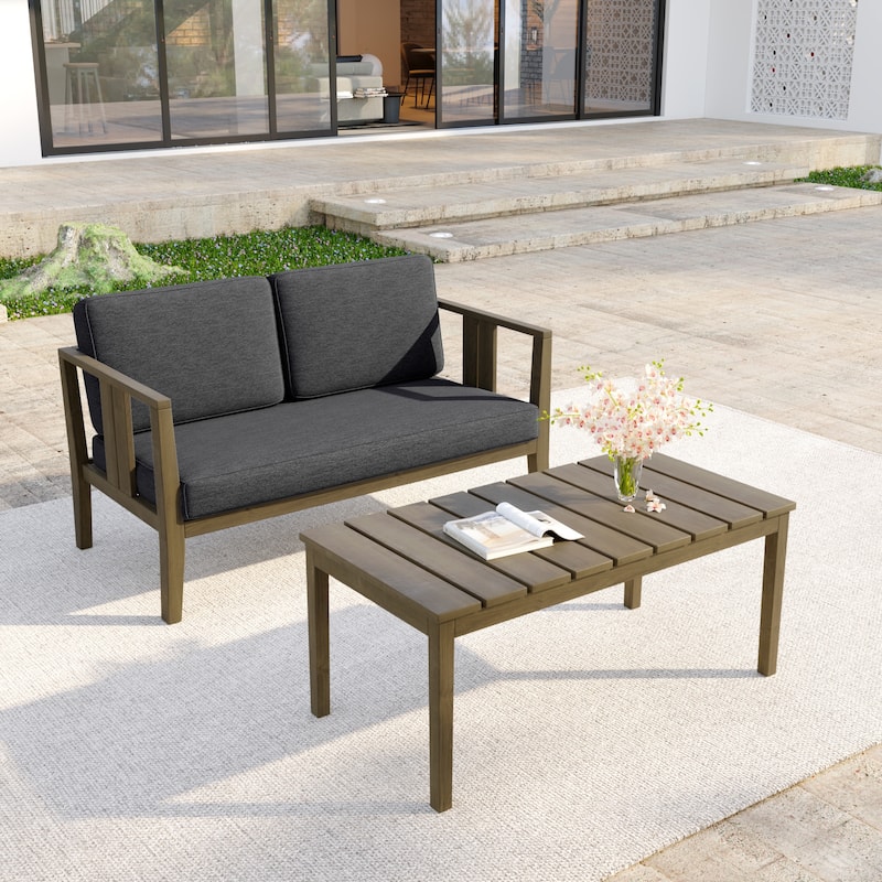 Casual 53"W Outdoor Patio Loveseat Set In Solid Teak Wood with Cushion - Natural Wood - Dark Grey