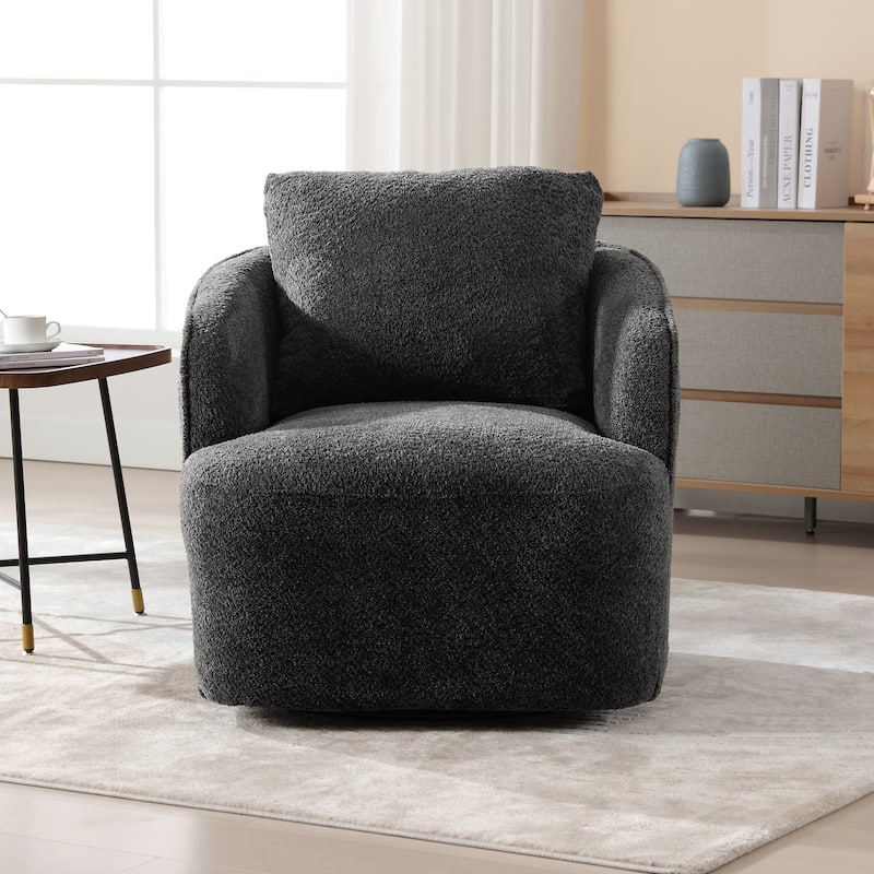 Boucle Fabric Upholstered Swivel Barrel Armchair With Pillow
