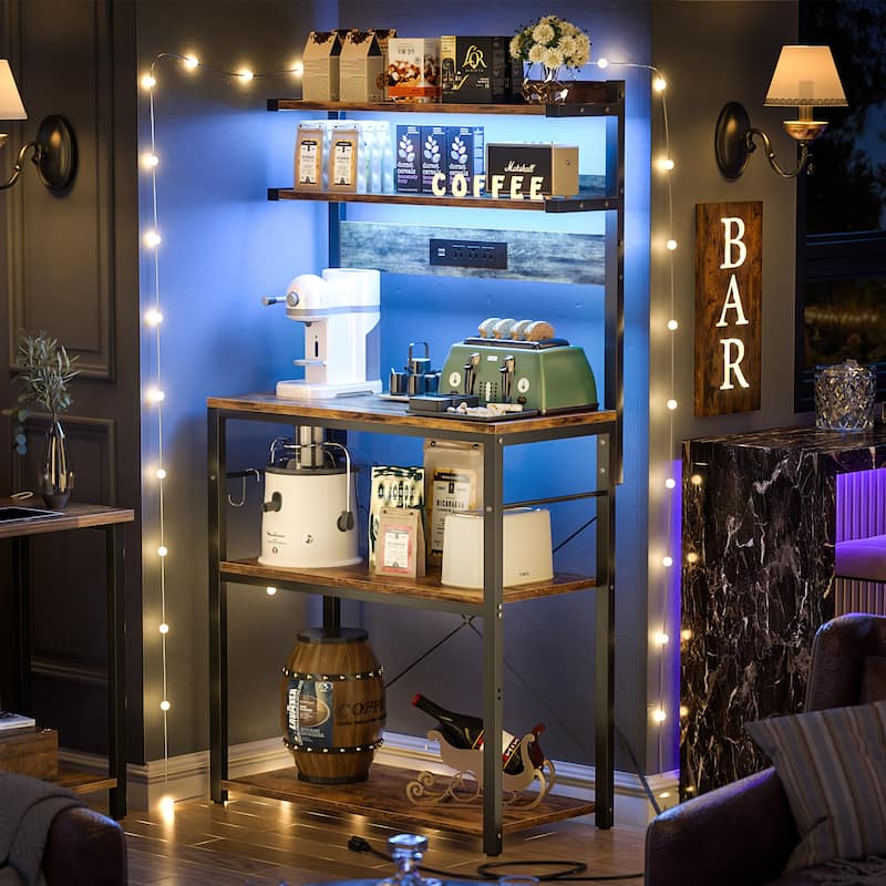 Bakers Rack Kitchen Storage Shelf with Power Outlets and RGB LED Lights,5 Tiers Coffee Bar Station,Microwave Stand - Rustic Brown