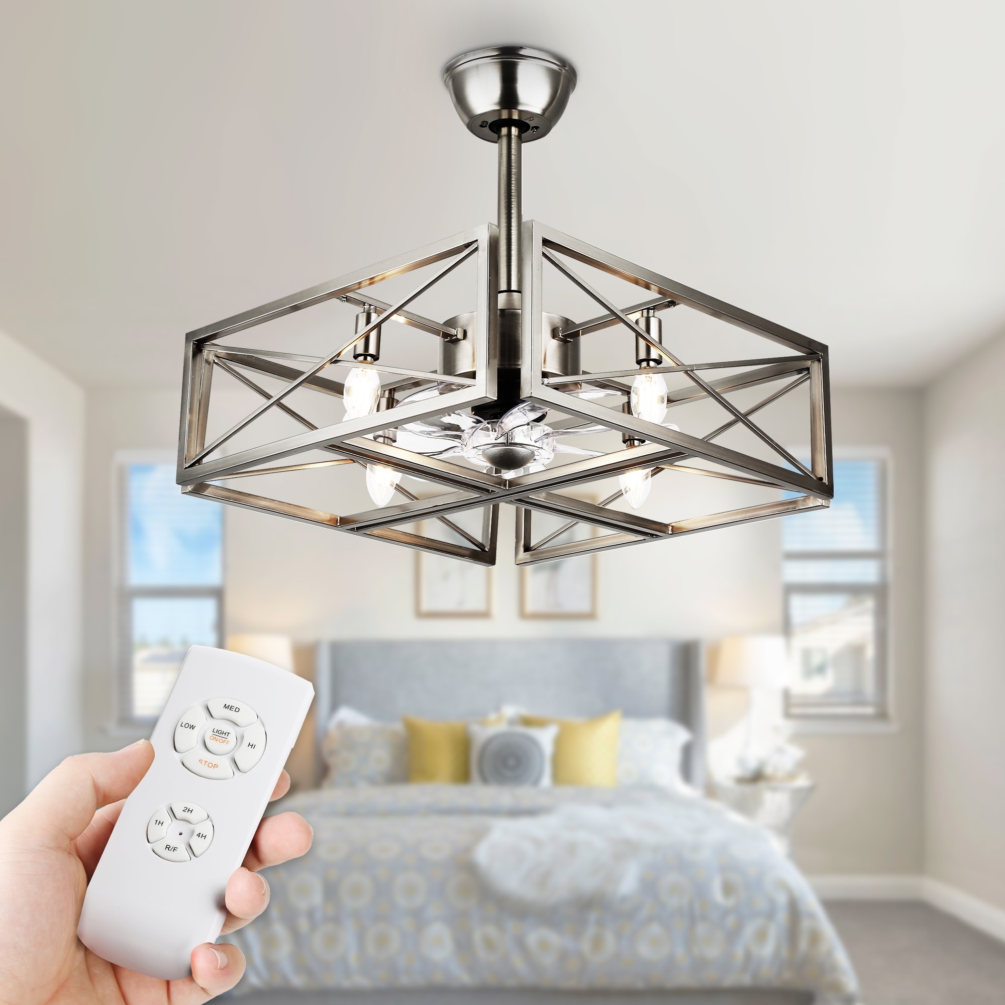 Cusp Barn 20-In Brushed Nickel Caged Ceiling Fan with Lights, Industrial Bladeless Silent AC Motor Fandelier Ceiling Fan