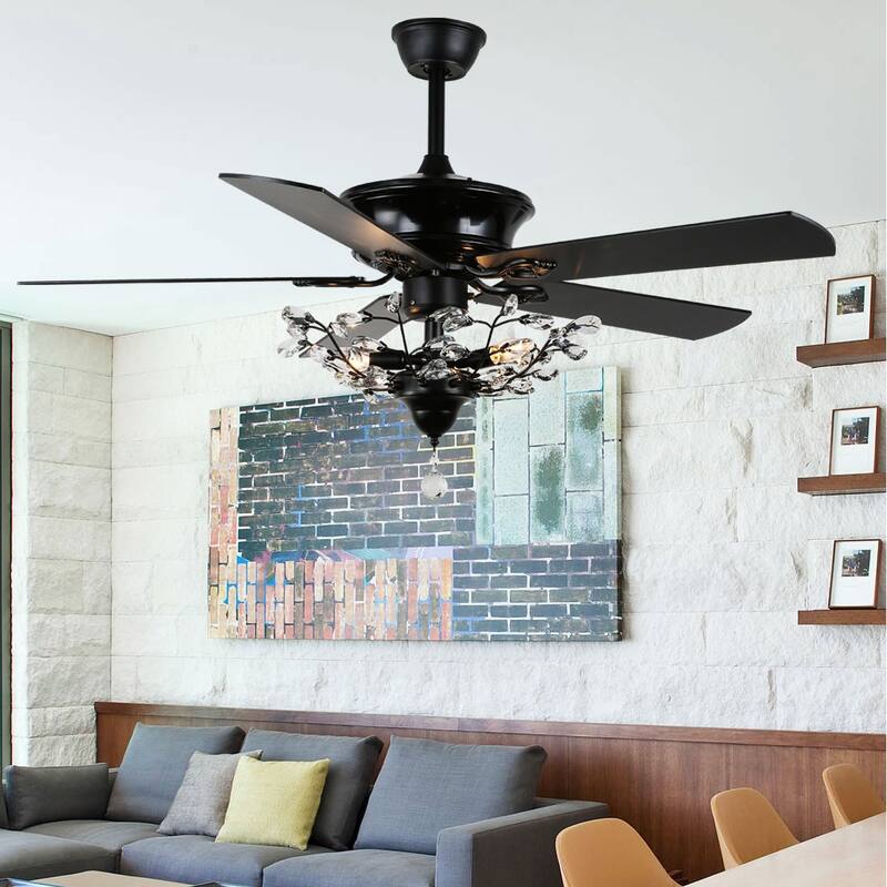 Cusp Barn 52-In Crystal Ceiling Fan with Lights and 5 Wood Reverse Blades Modern Chandelier for Living Room - Black