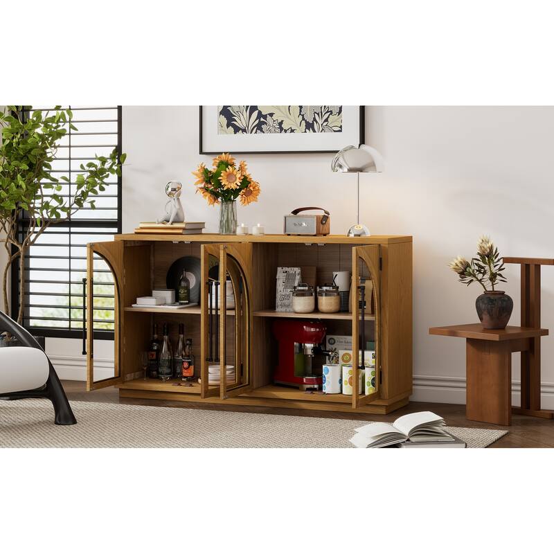4-Door Large Storage Buffet Cabinet with Glass Doors and Adjustable Shelves
