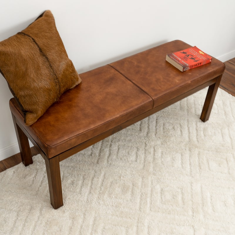 Kara Mid-Century Stitched Genuine Leather Upholstered Bench in Antique Tan