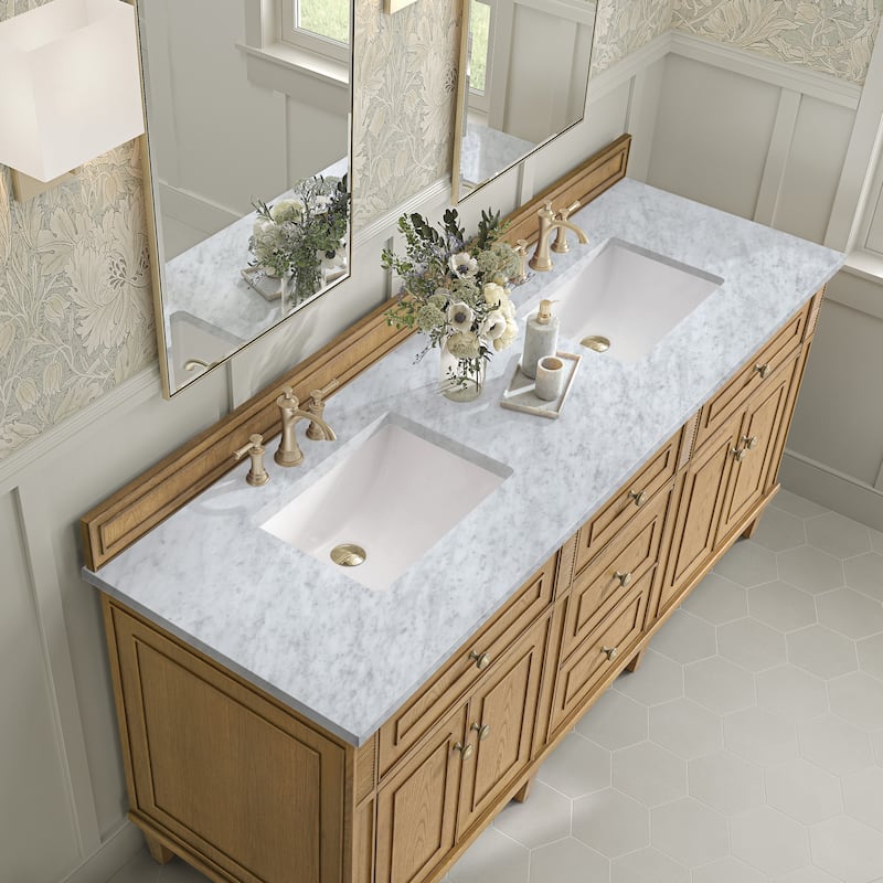 James Martin Vanities Lorelai 72" Double Vanity, Light Natural Oak - Carrara White.