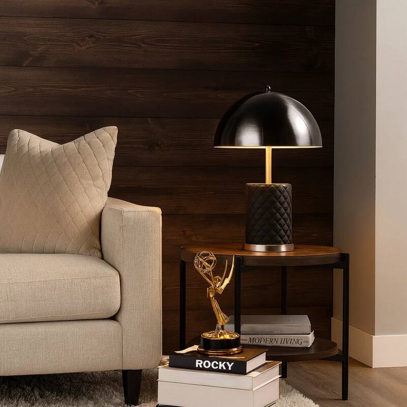 Aria 21 Inch Table Lamp, Round, Dome Shade, Dark Silver, Black Faux Leather