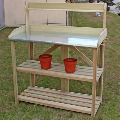 Wooden Garden Potting Bench with Shelves and Side Tool Hooks - 41.5" x 19.5" x 48" (L x W x H)
