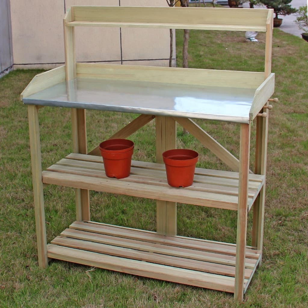 Wooden Garden Potting Bench with Shelves and Side Tool Hooks - 41.5" x 19.5" x 48" (L x W x H)