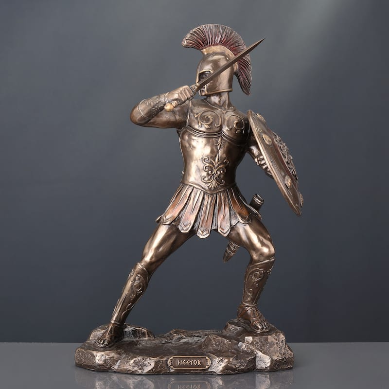 9.25" H GREEK HERO HECTOR OF TROY HOLDING SWORD AND SHIELD Cold Cast Bronze - 3.35"x6.1"x9.25"