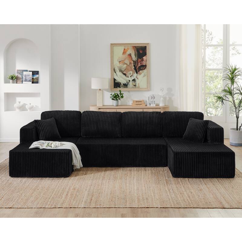 U-Shape Sleeper Sofa, Modular Corduroy Minimalist, Space-Saving