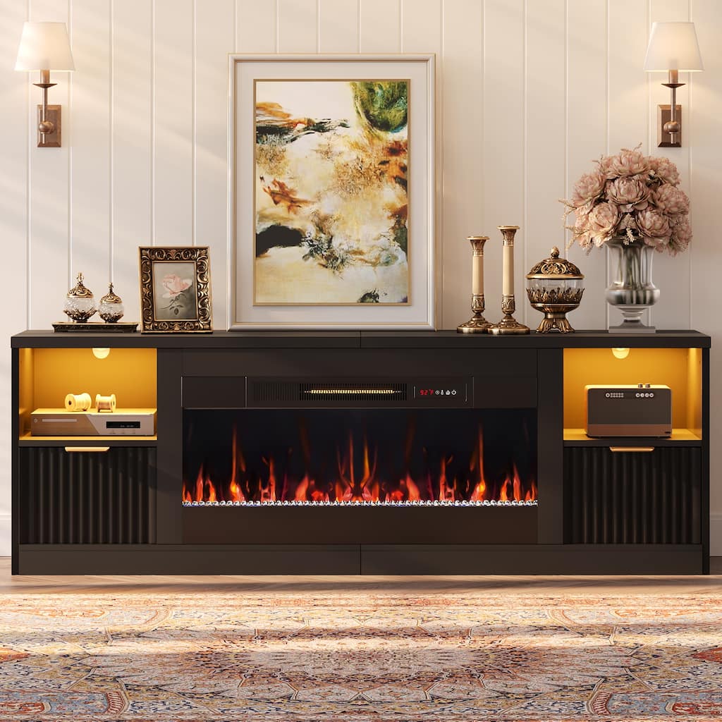 Bestier 71 in. Fluted Glossy White TV Stand with Electric Fireplace Fits TV Up to 75 in. Entertainment Center with Cabinet