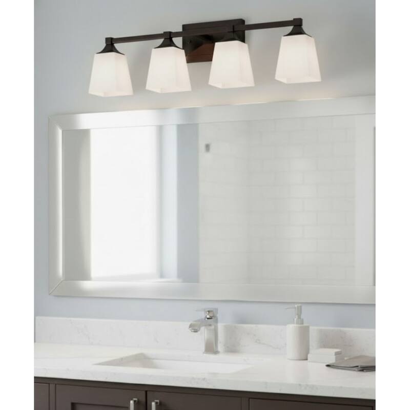 27"w 4-Light LED Bath Vanity Light Oil Rubbed Bronze with White Square Glass Shades