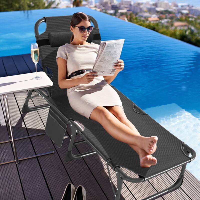 Portable Folding Camping Cot with Mattress Pillow, Patio Lounge Chair - Grey-2