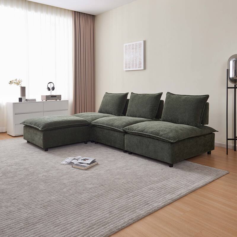 Green 104" Chenille Upholstered Armless L-Shaped Modular Sectional Sofa with Moveable Ottoman, Free Combination Design