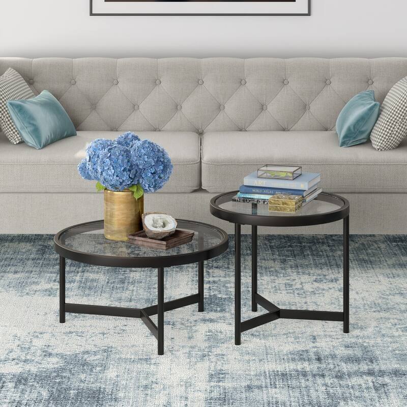 Set of 2 Black Glass Round Nested Coffee Tables with Steel Base - 34” x 34” x 17”