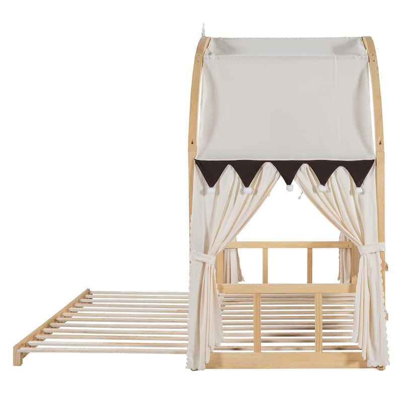 Wood Twin Size Bed Frame with Arched Roof, Floor Bed with Light and Curtain, Pull-out Kids Bed for Girls Boys Bedroom
