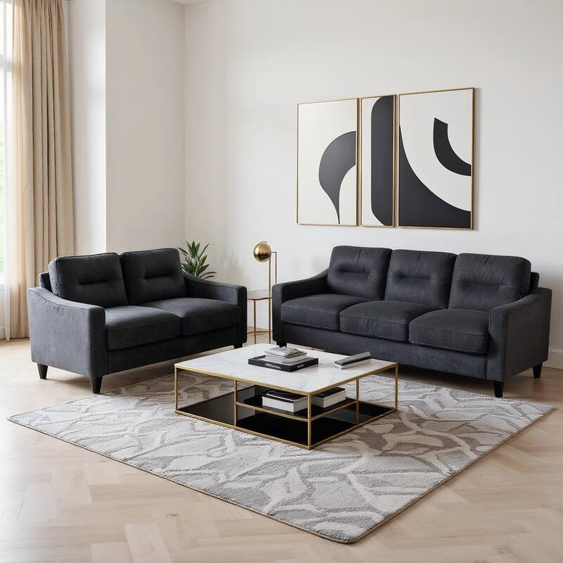 Modern Velvet Upholstered 3 Set Sectional Couches 3-Seater Sofa Loveseat and Single Chair with Solid Wood Frame