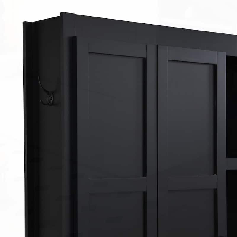 Farmhouse 4-in-1 Hall Tree with 6 Hanging Hooks, Mudroom Wood Grain Bench with Open Compartments