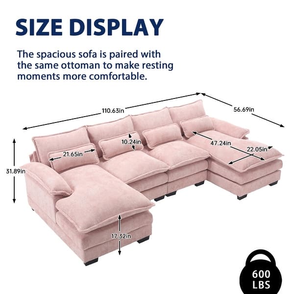 dimension image slide 8 of 11, Chenille Upholstered U-Shaped Living Room Sectional Sofa With Wooden Legs