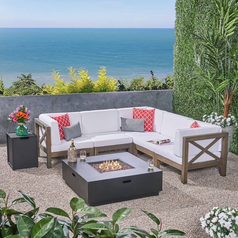 Culatra Outdoor Acacia Wood 5 Seater Sectional Sofa Set with Fire Pit by Christopher Knight Home - gray finish + dark gray + white  cushion