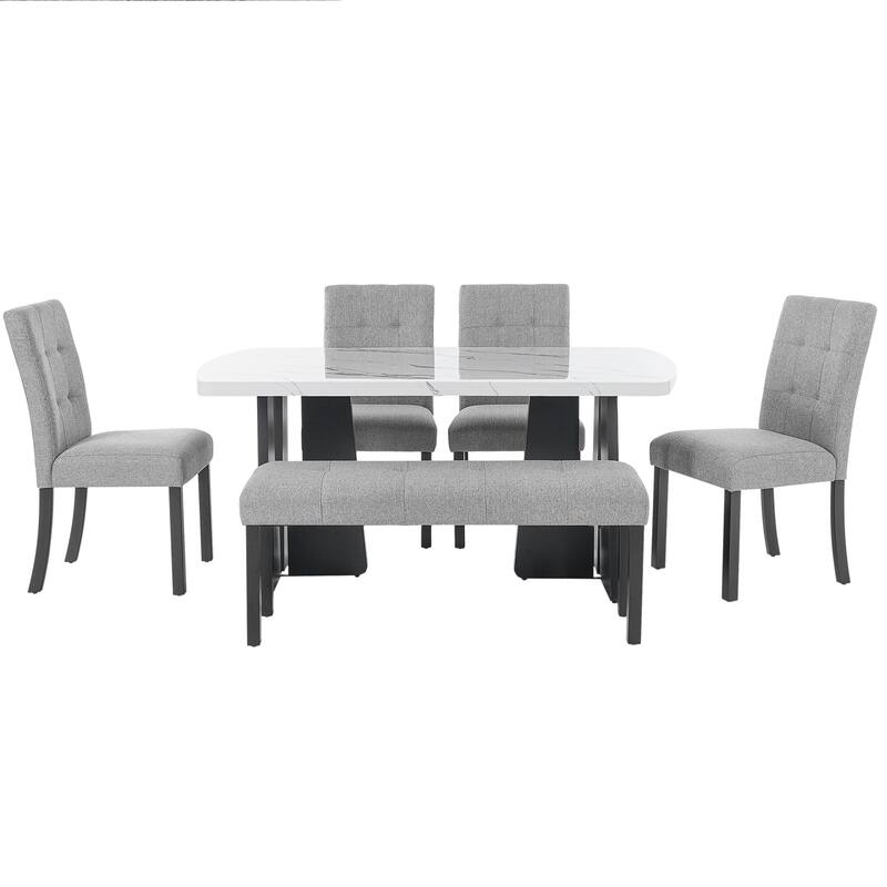 Roomfitters 6 Piece Modern Dining Table Set, 63 Inch Faux Marble Table with Bench and Upholstered Chairs