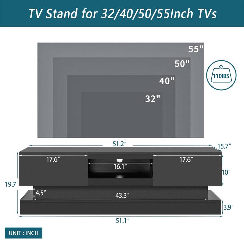 51.18" TV Stand with 2 Large Storage Drawer and LED Lights for TVs Up to 65"