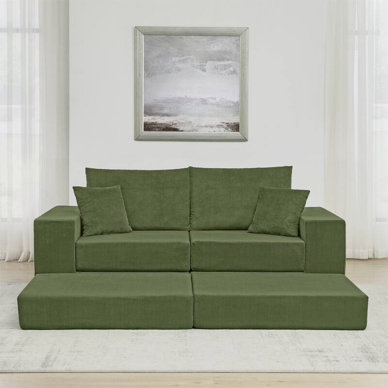 Modular Cloud Sectional Couch, Modern Upholstered L-Shaped Sofa with Removable Ottoman - Green