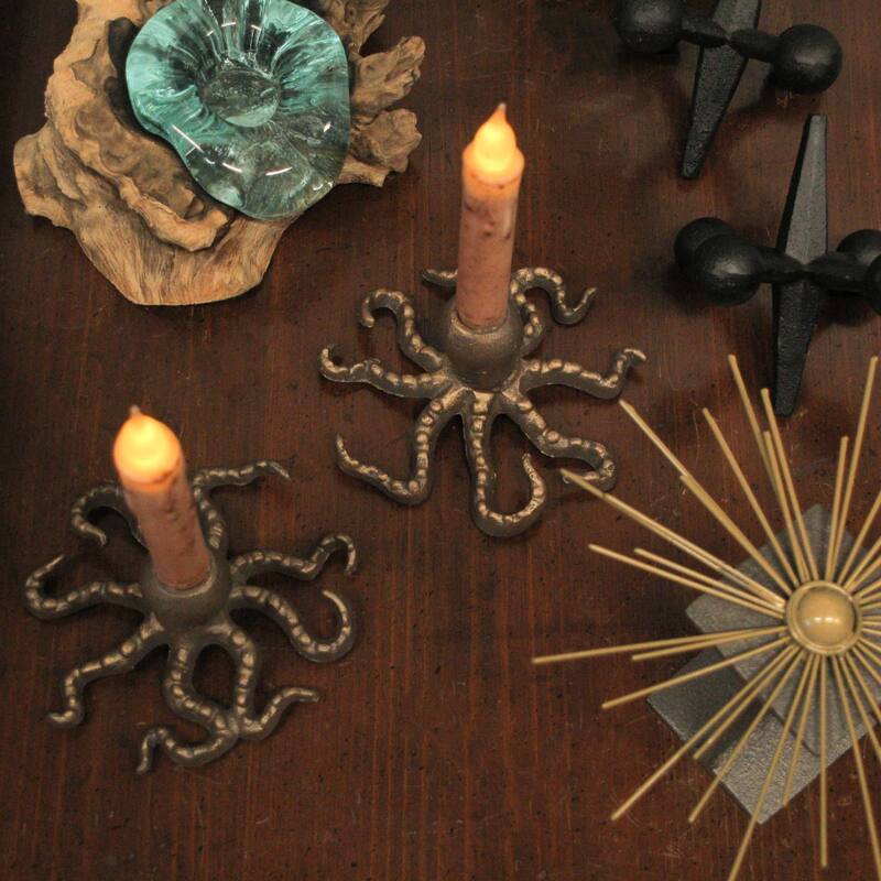 Set Of 2 Octopus Candle Holders Antique Gold Finish Nautical Beach - 3 X 6 X 6 inches
