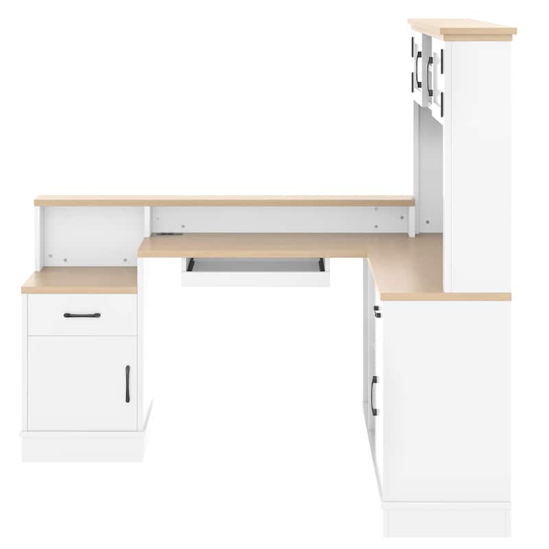 Roomfitters L-Shaped Computer Desk with Power Outlets, Corner Workstation with Hutch and Drawers