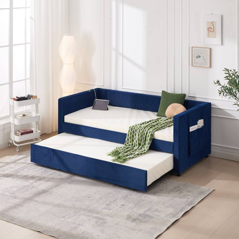 Twin Size Velvet Daybed with Trundle, USB Charging Port & Side Pockets, Modern Upholstered Sofa Bed with V-Pattern Backrest - Navy