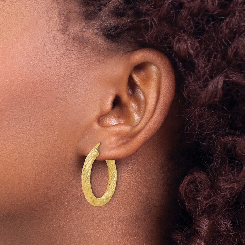 Curata 14k Yellow Gold Polished and Textured Round Hoop Earrings - 29x27.38mm