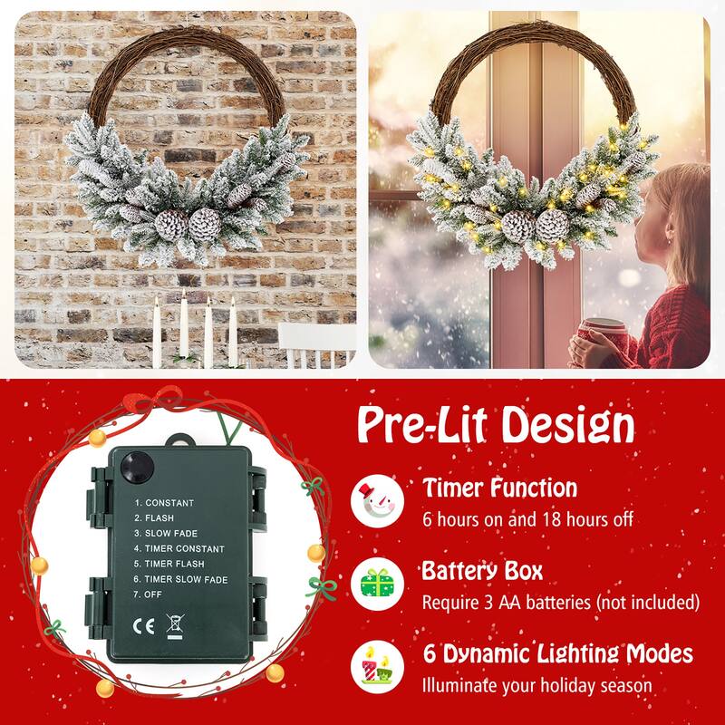 Gymax 2PCS 24'' Christmas Wreath w/65 Branch Tips 8 Natural Pine Cones