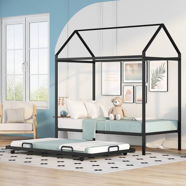 slide 2 of 9, Black Metal House Bed with Trundle for Kids