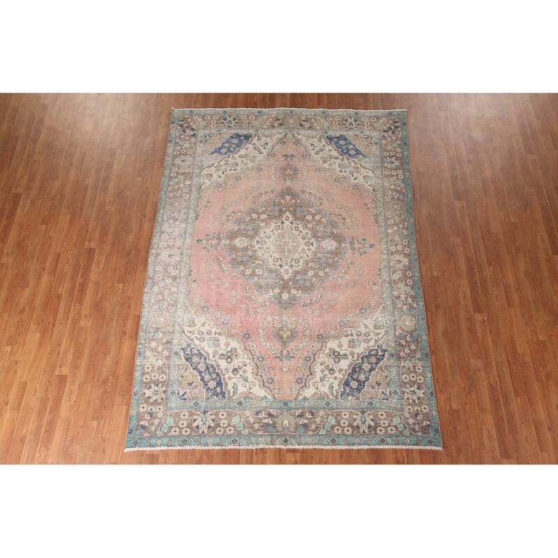 Hand Knotted Oriental 100% Wool Carpet Traditional Medallion Pink Tabriz Area Rug - 9' 8'' X 6' 8''
