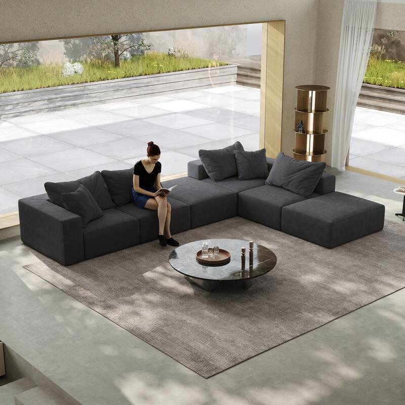 Floor Upholstered Sectional Sofa Modular L Shaped Couch Set with 6 Pillows and Ottomans, Living Room Sleeper Sofa Bed