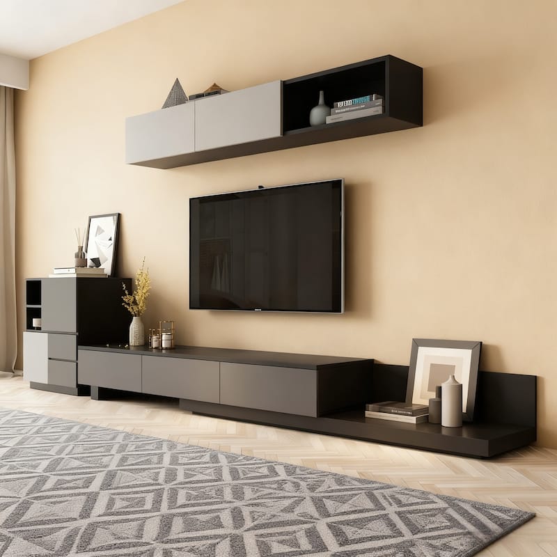 3-Drawer Retracted Extendable TV Stand Media Console In Stretch 70"- 110" - Black/Grey