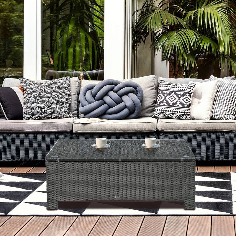 Black Steel PE Rattan Outdoor Coffee Table with Tempered Glass Top - 33.5" L x 19.75" W x 15.25" H